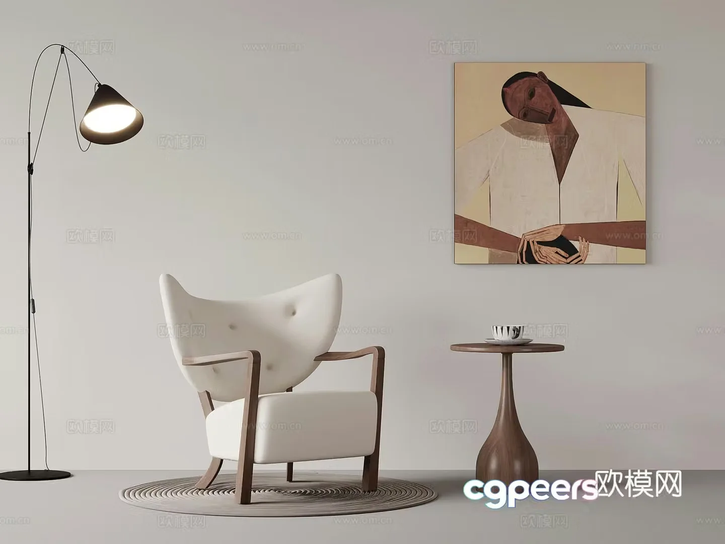 Leisure chair medieval style leisure chair side table floor lamp hanging painting 3D model