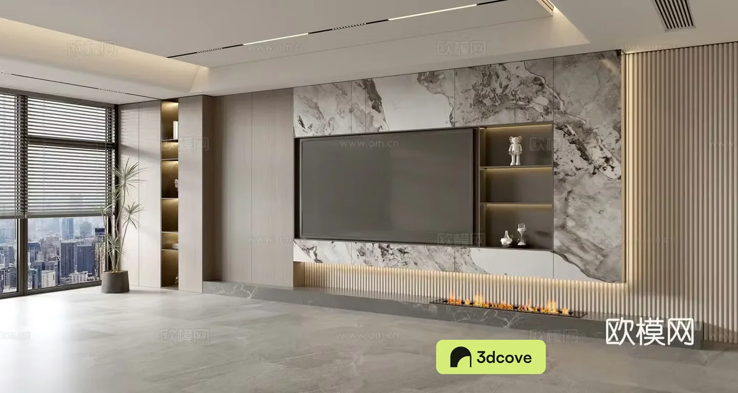 Modern Italian living room light luxury TV background wall full wall TV cabinet marble background wall
