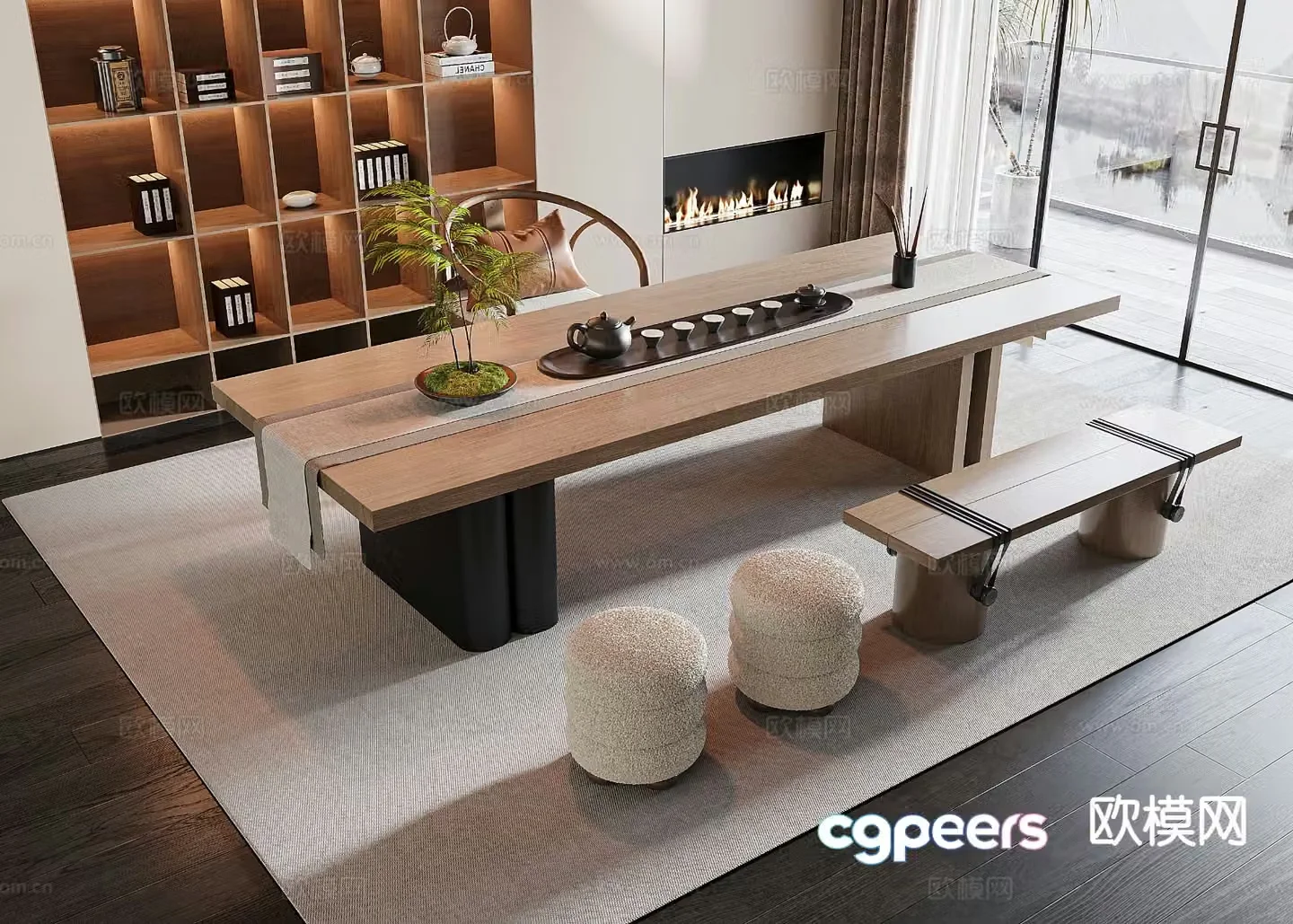 New Chinese tea table and chairs 3d model