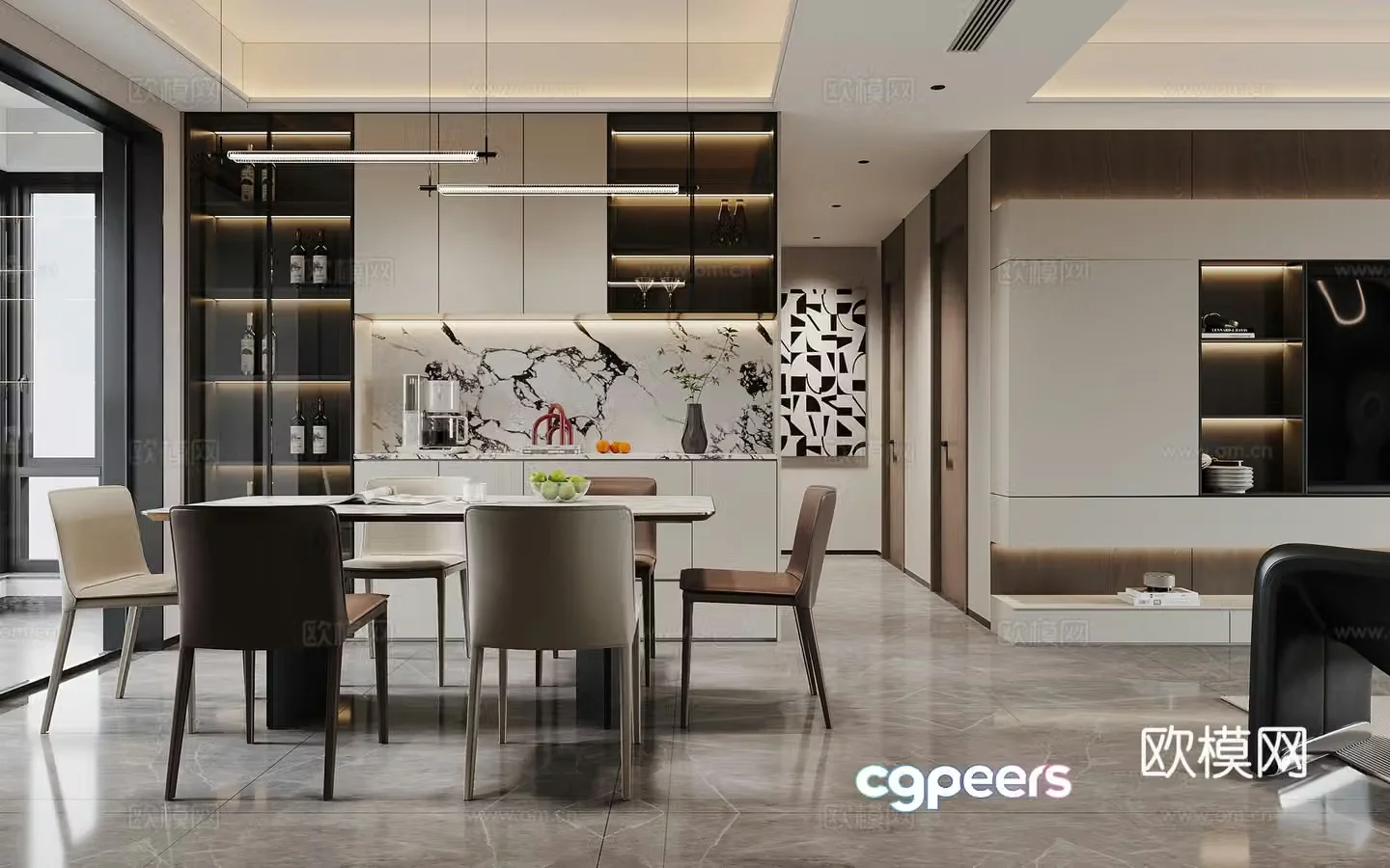 Modern living and dining room 3d model