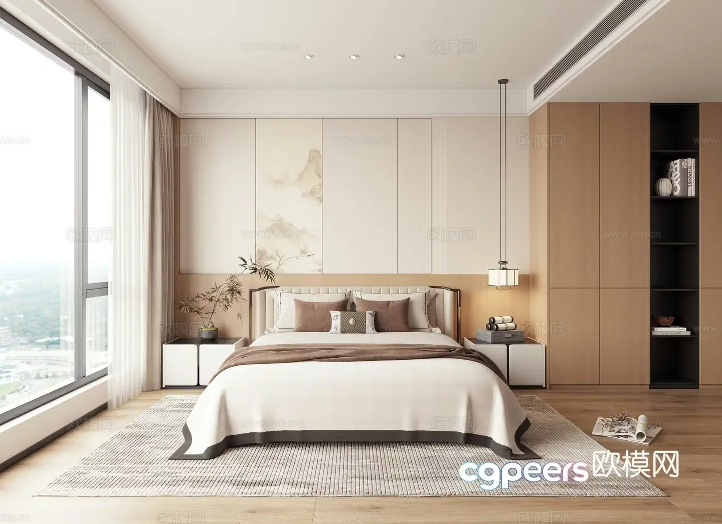 New Chinese style Zen bedroom master bedroom second bedroom double bed nightstand 3D model