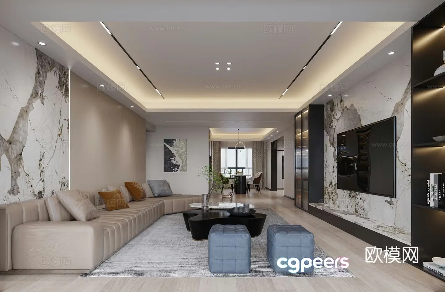 Modern living and dining room 3d model