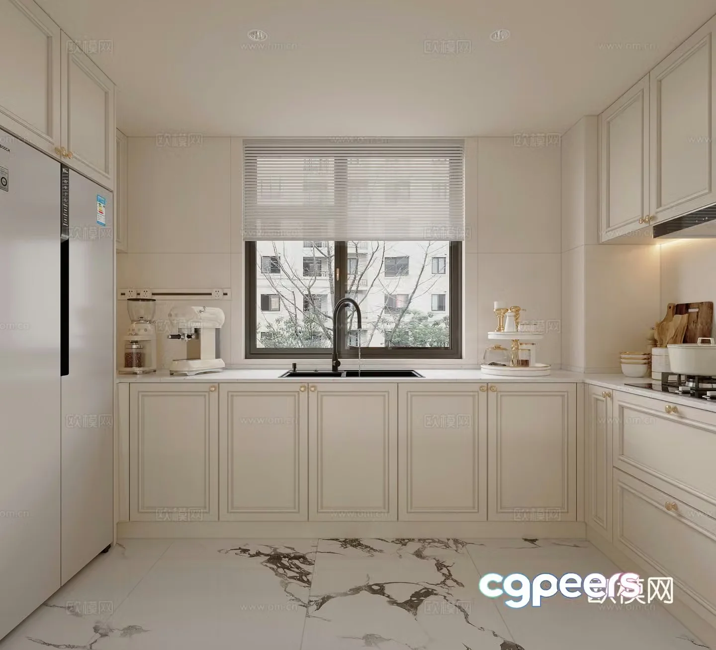 French kitchen American kitchen light luxury kitchen modern kitchen refrigerator cabinet creamy 3d model
