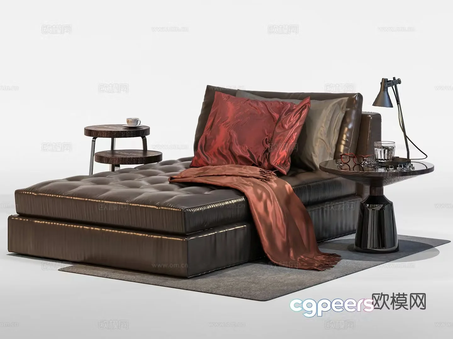 Light luxury leather double bed bedside counter lamp combination bedding 3D model