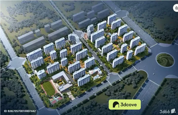 A 3D Architectural Rendering Of A City Block With Buildings And Roads