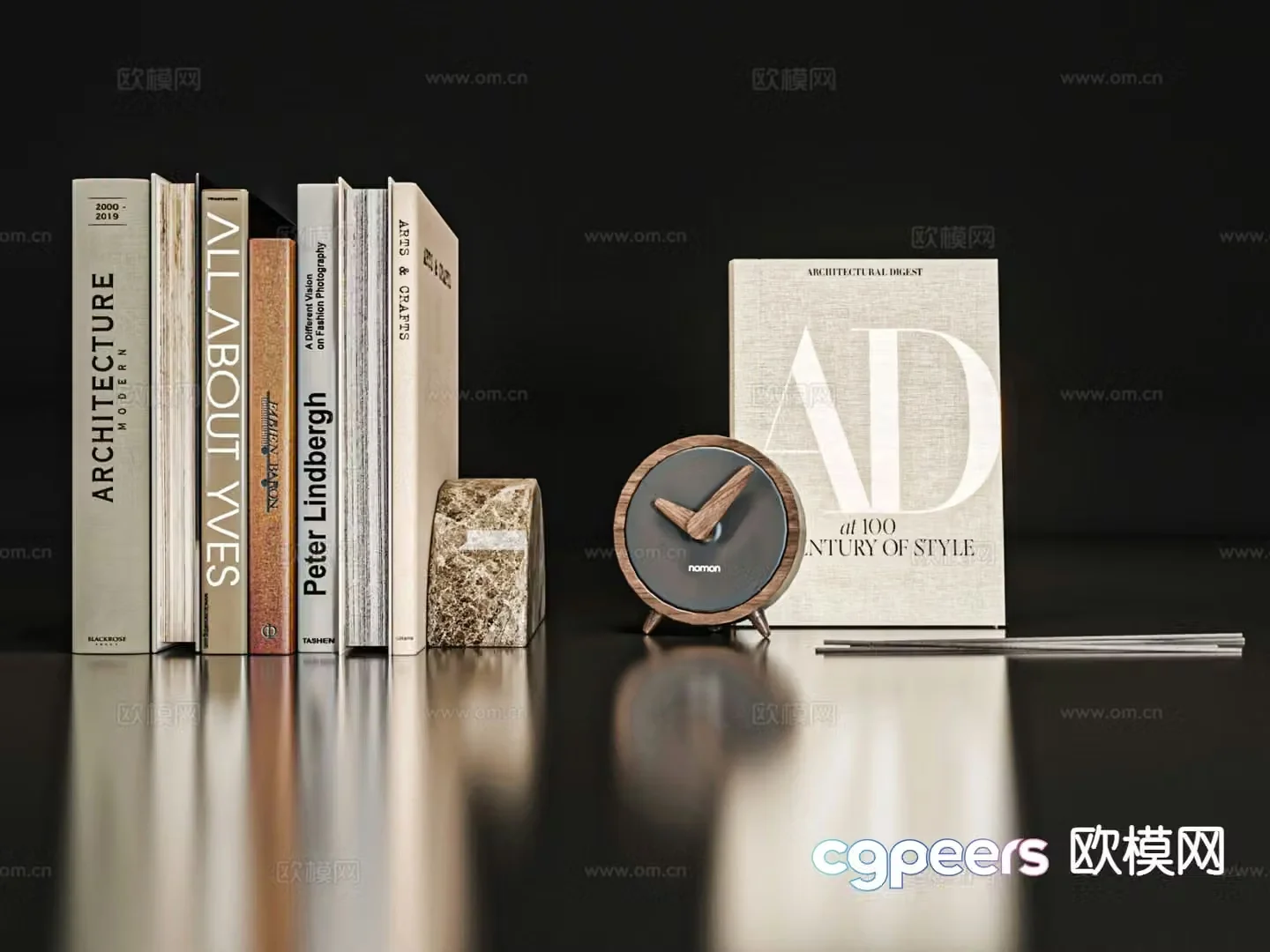 Modern decorations tableware books alarm clock 3d model