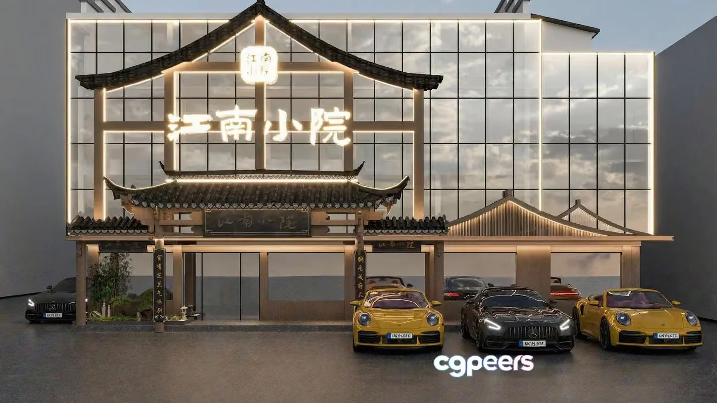 A Building With A Large Glass Facade And A Row Of Sports Cars Parked In 3D Model – 4747 – CORONA Render
