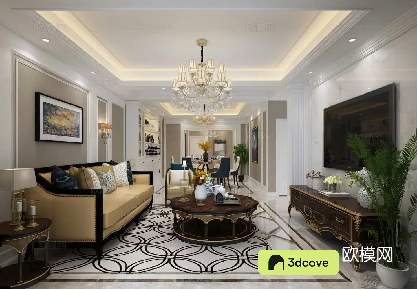 European-style simple living restaurant sofa coffee table chandeliers TV cabinet paintings dining tables and chairs
