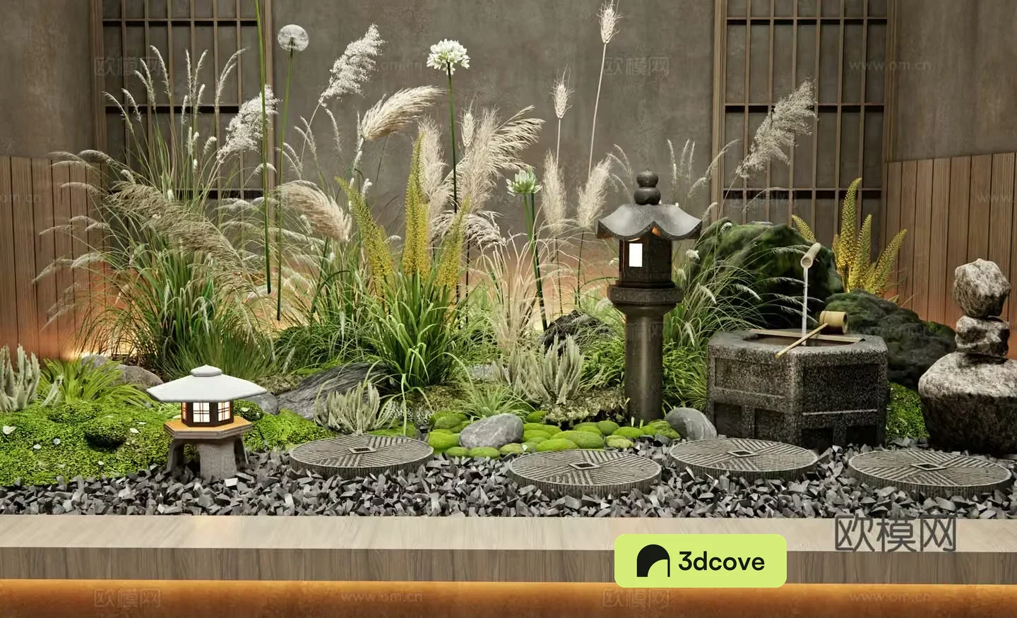 Japanese interior landscape courtyard sketch reed plant combination tingstep stone water bowl flower
