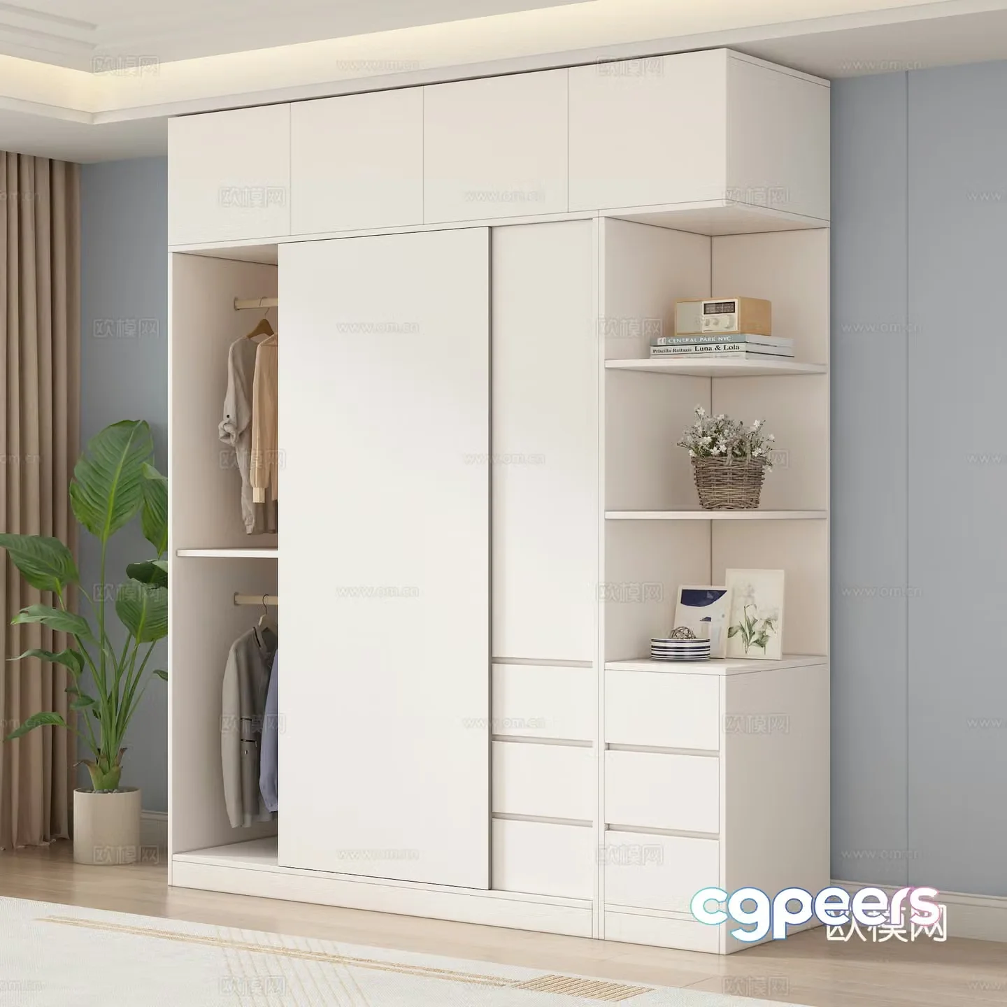 Modern sliding door wardrobe Clothes ornaments combination Green plants Carpet 3D model