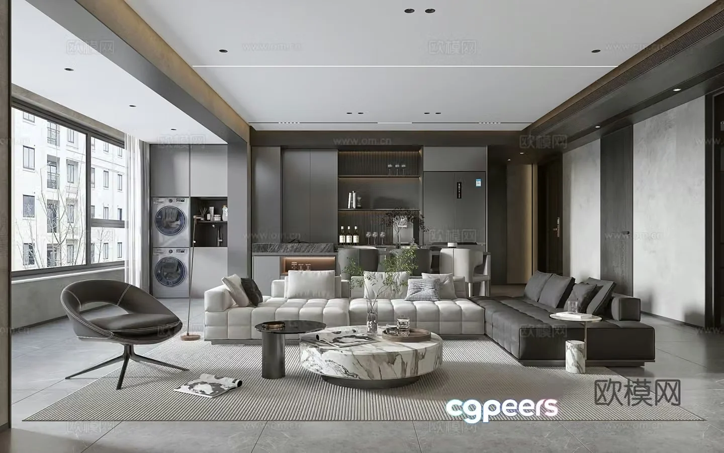 Modern living and dining room modern sofa and coffee table combination modern background wall 3d model