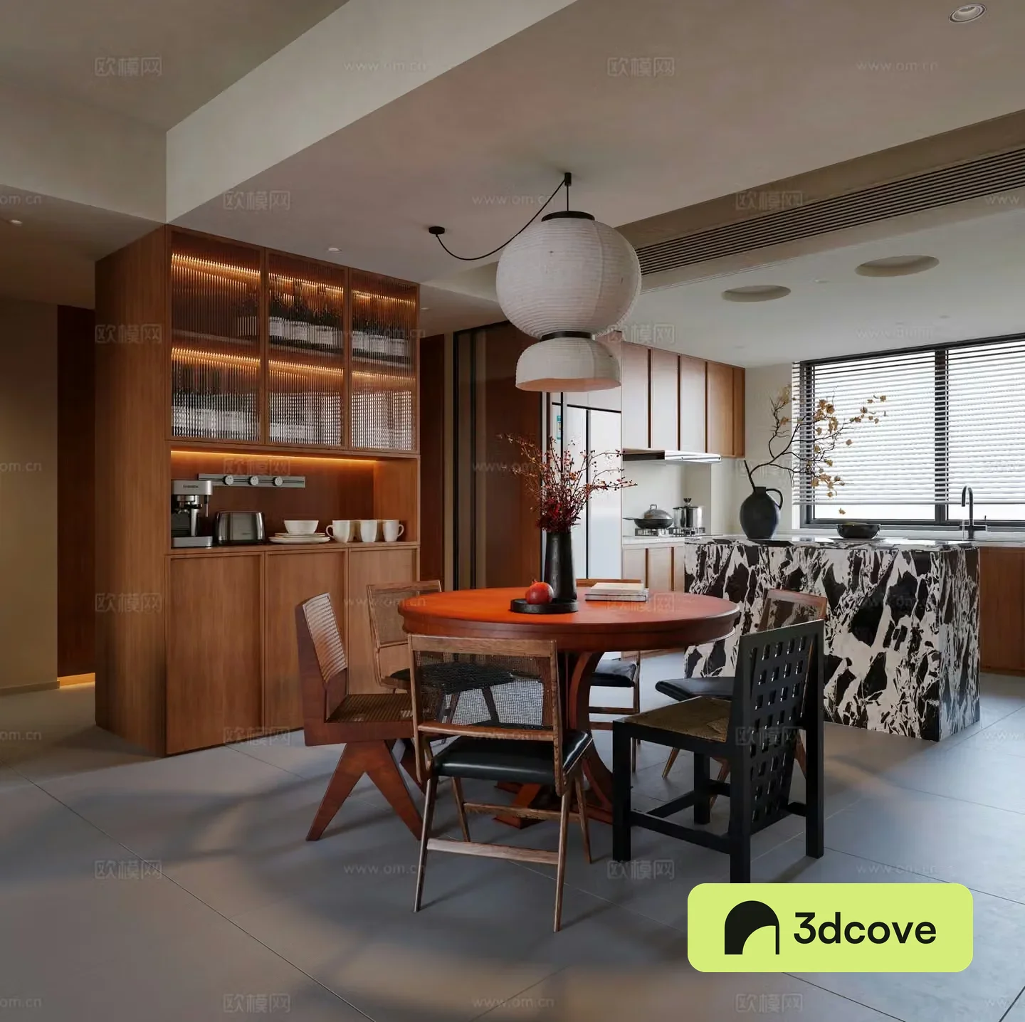 Middle style restaurant Round dining table Wine cabinet Retro restaurant New Chinese style restaurant Middle style kitchen 3D model