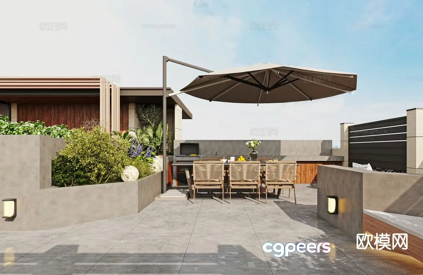 Modern villa terrace courtyard landscape 3d model