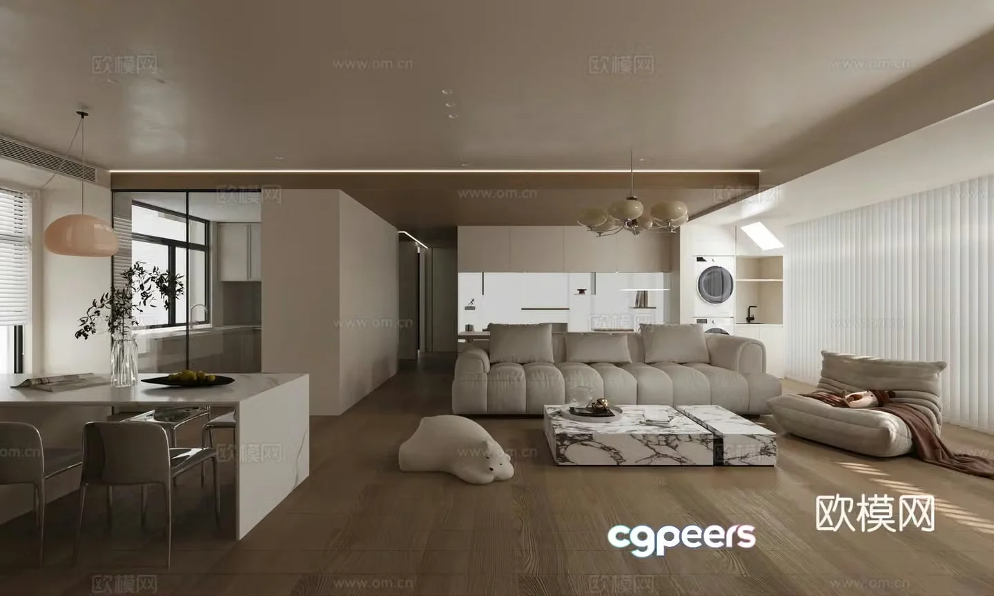 Modern cream home living room Home living room Sofa coffee table combination Single casual sofa Dining table 3D model