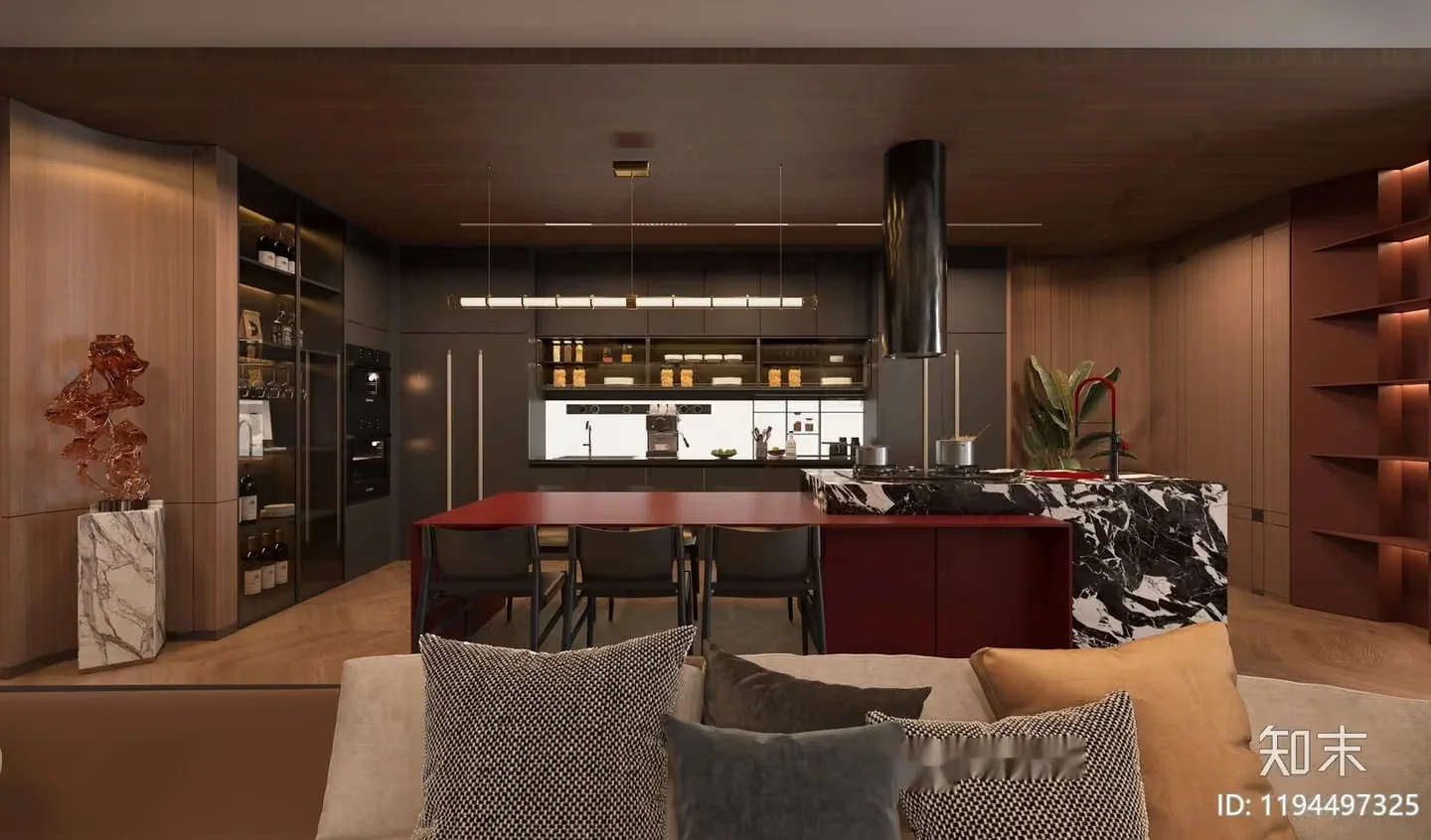 Modern Kitchen With A Dining Area 3D Model – 15902 – VRAY Render