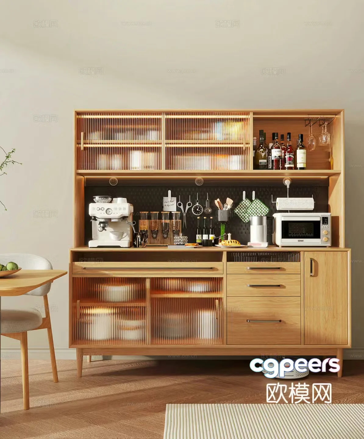 Modern log sideboard tea cabinet dining cabinet tableware ornaments coffee maker wine bottle wine glass hole 3d model
