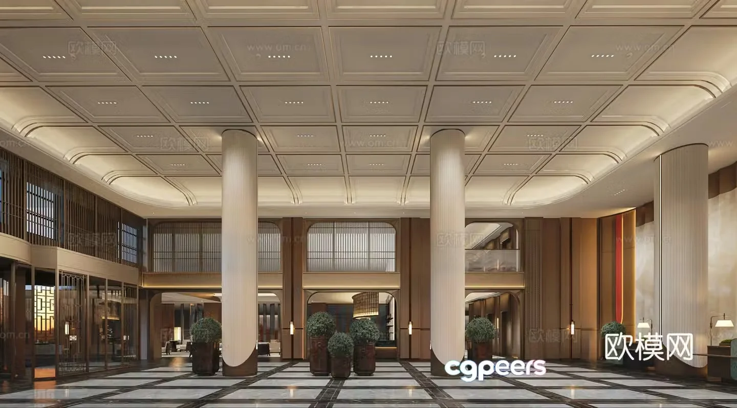Modern hotel lobby elevator hall leisure area 3d model