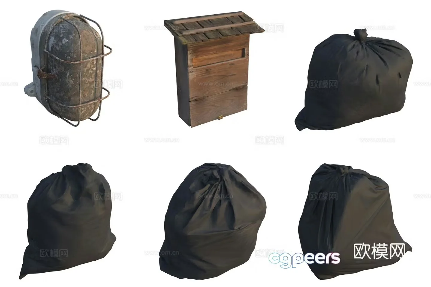 Old retro trash can trash bag emergency light 3d model
