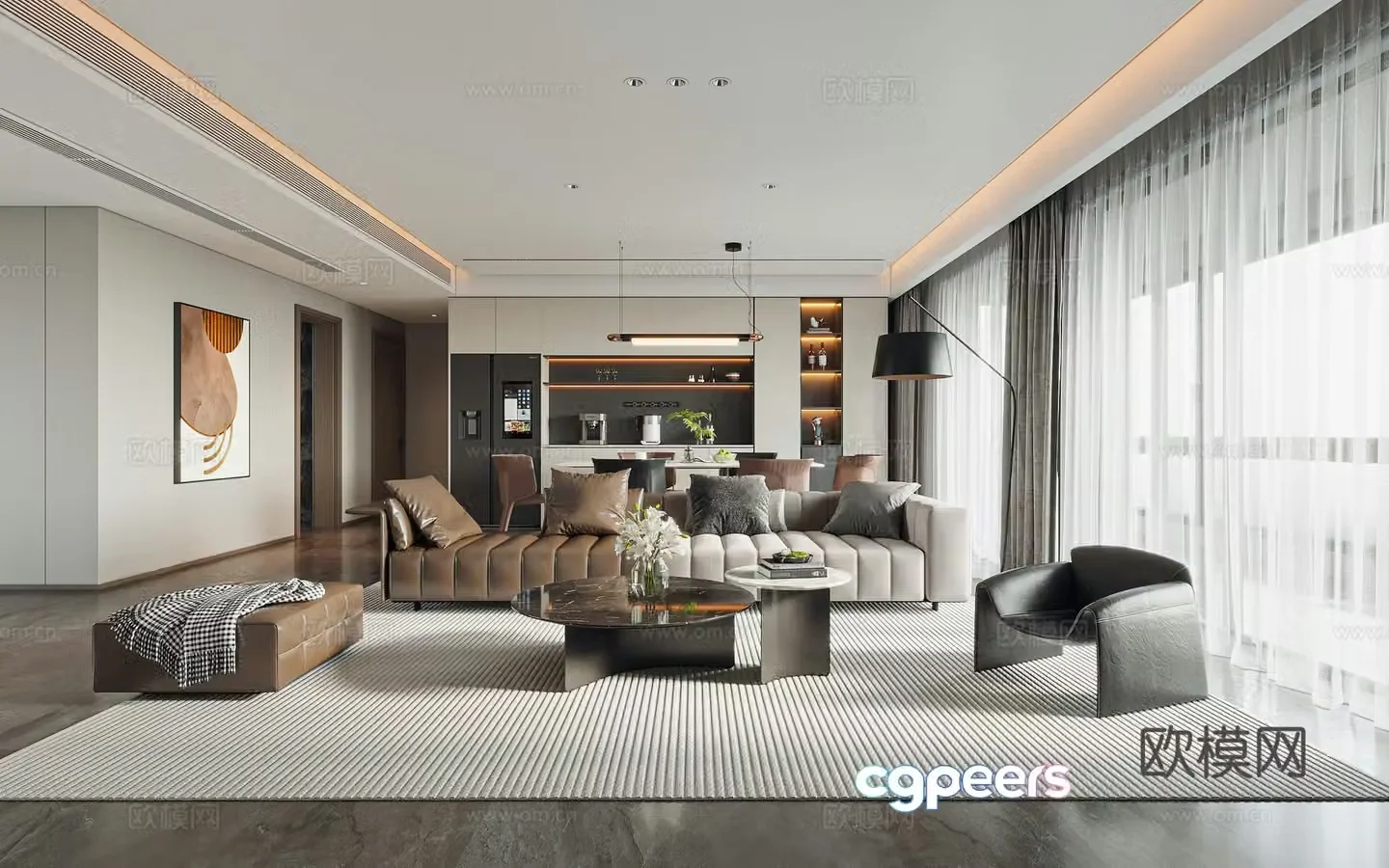 Modern light luxury living and dining room 3D model