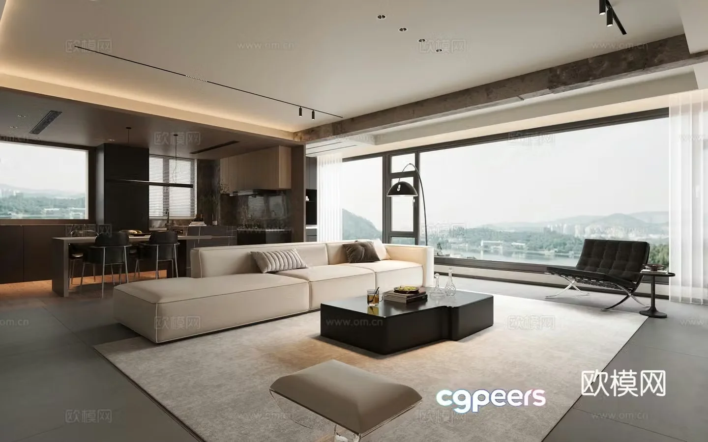 Modern minimalist home living and dining room large flat living room high-end gray living room minimalist living room open 3d model