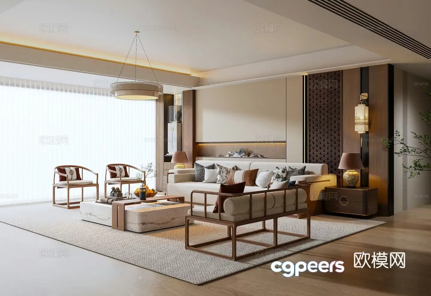 New Chinese living room New Chinese background wall New Chinese sofa coffee table combination Wall lamp 3D model