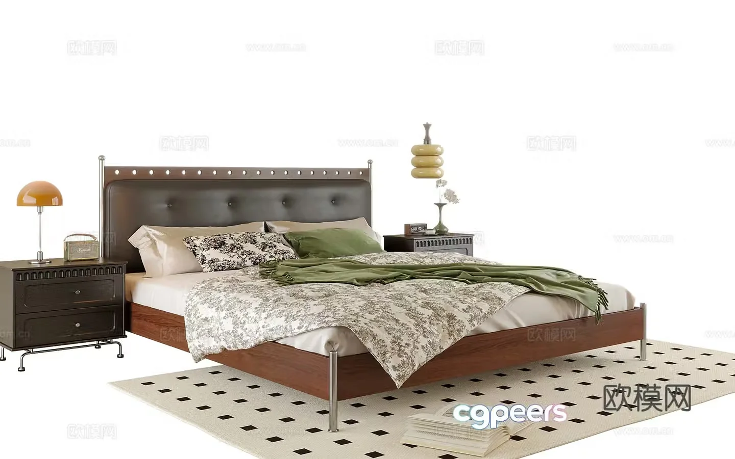 French double bed nightstand bedside chandeliers 3d model