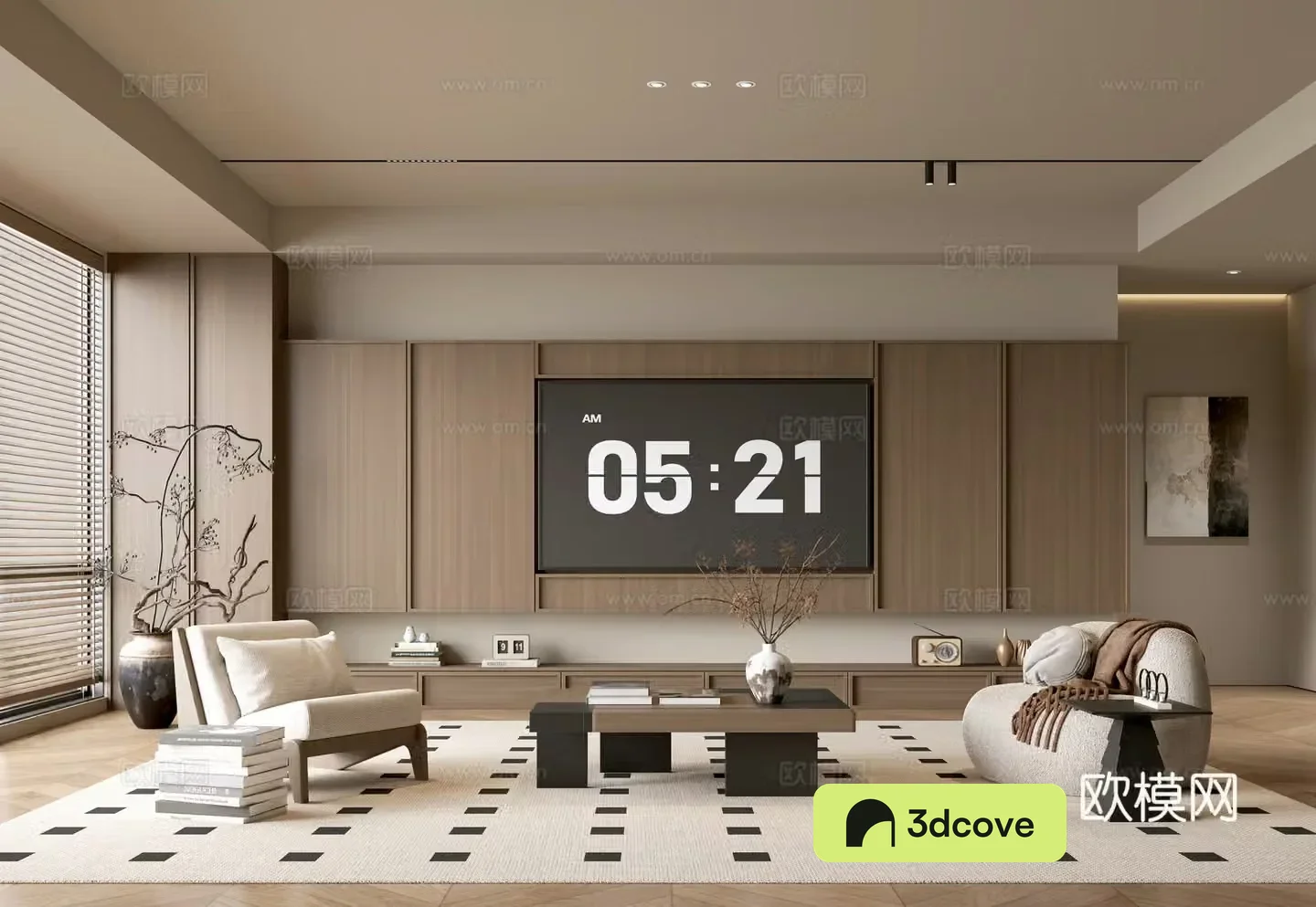 The ancient TV background wall of the TV cabinet and the background wall of the modern Wasabi style living room The ancient style 3D model