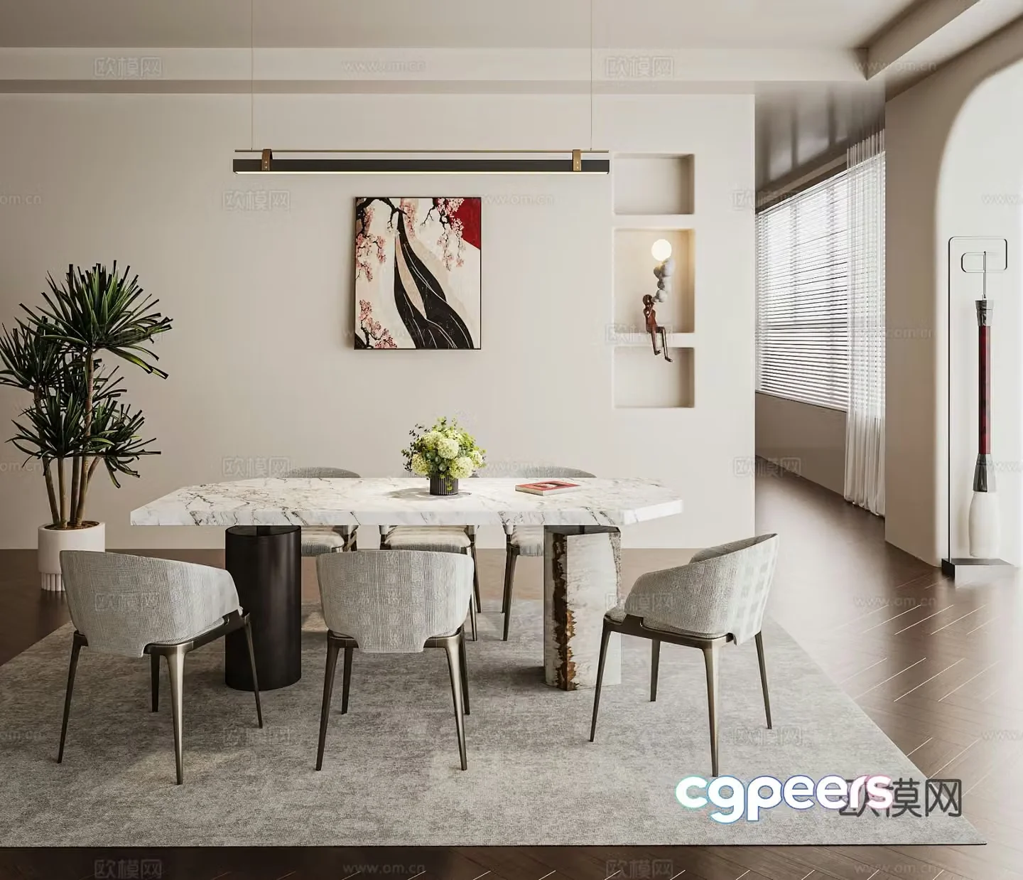 Creamy restaurant dining table combination sideboard carpet 3d model