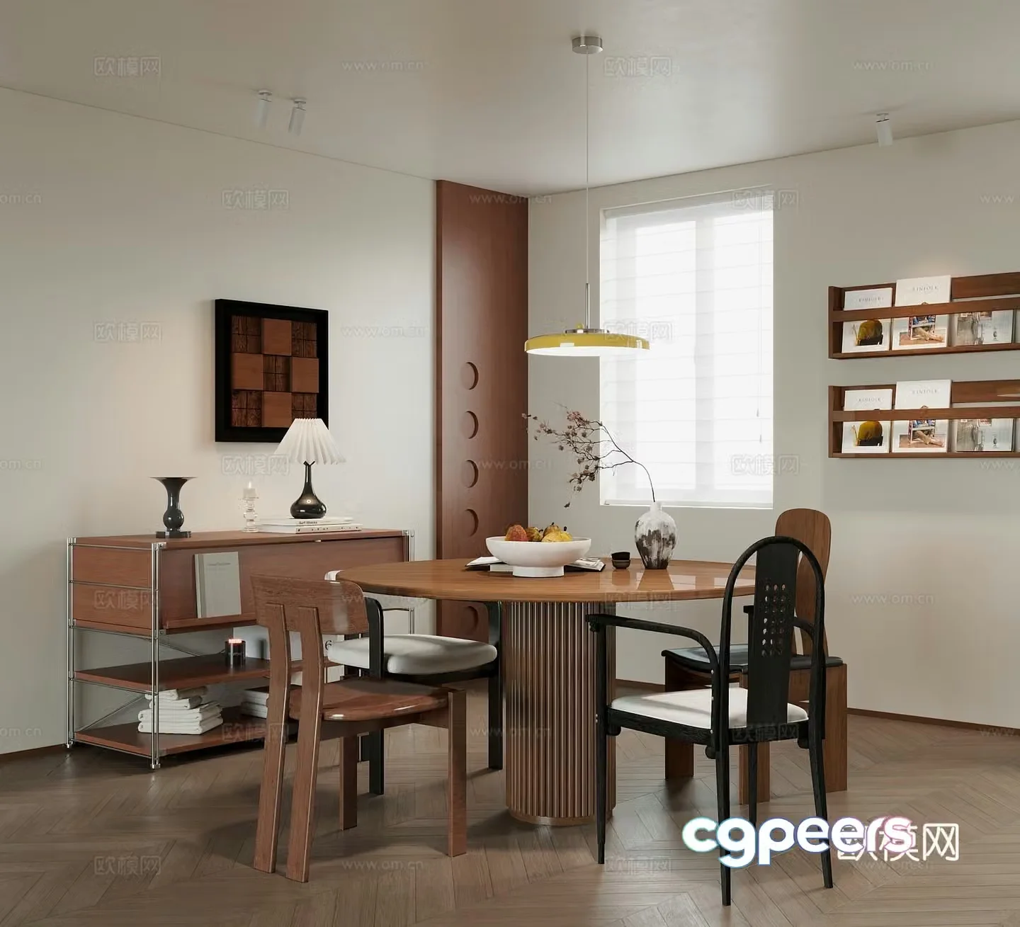 Middle-aged restaurant dining table and chairs side cabinets storage racks 3D model