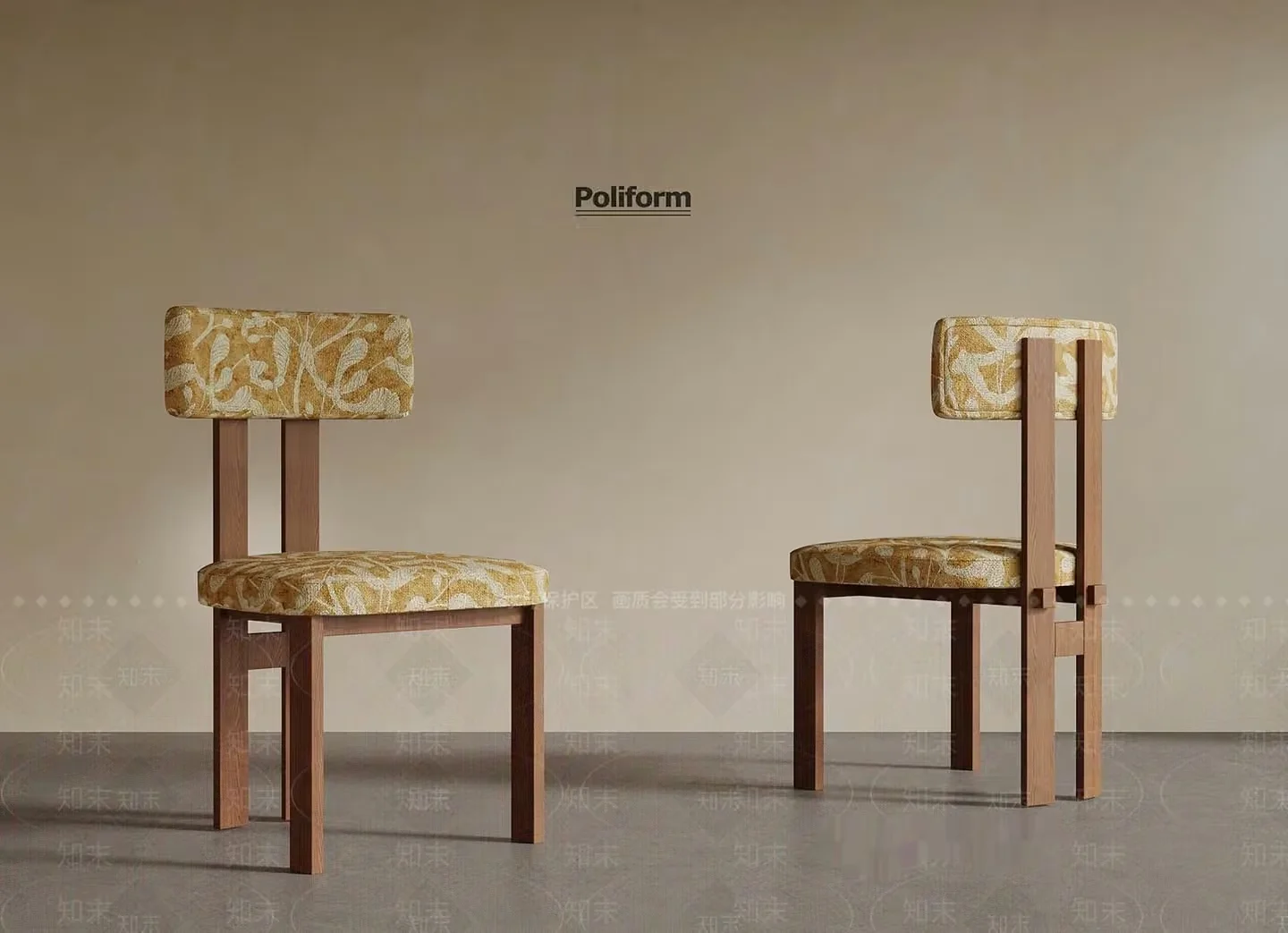 Wooden Chairs With Yellow Floral Upholstery 3D Model – 21678 – VRAY Render