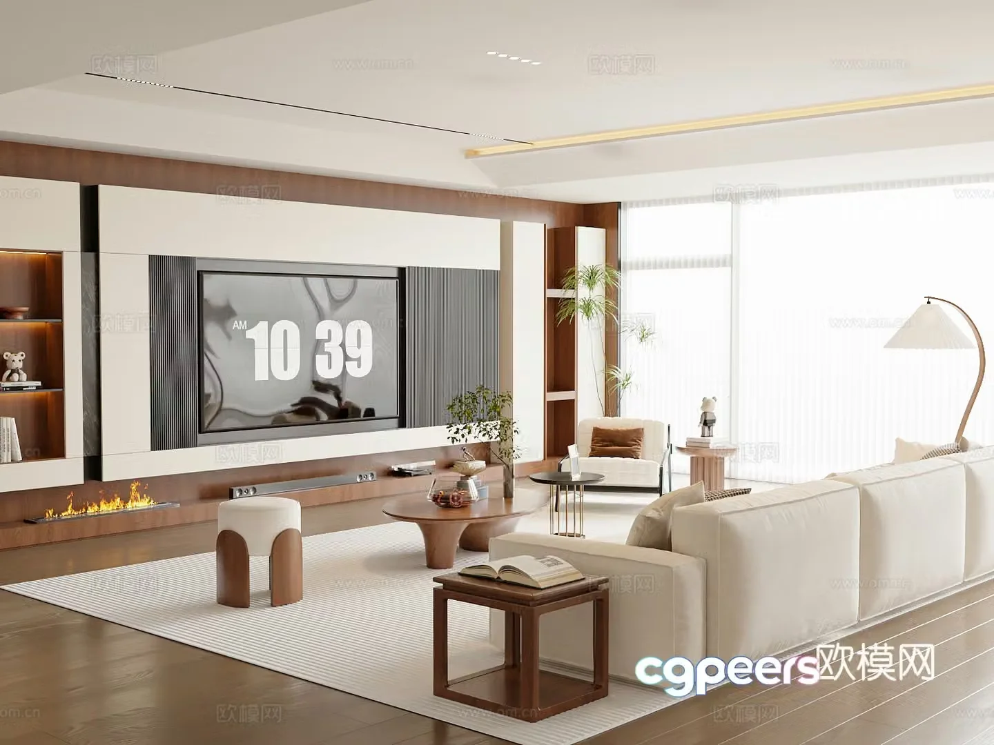 Modern medieval style living room sofa and coffee table TV background wall 3d model
