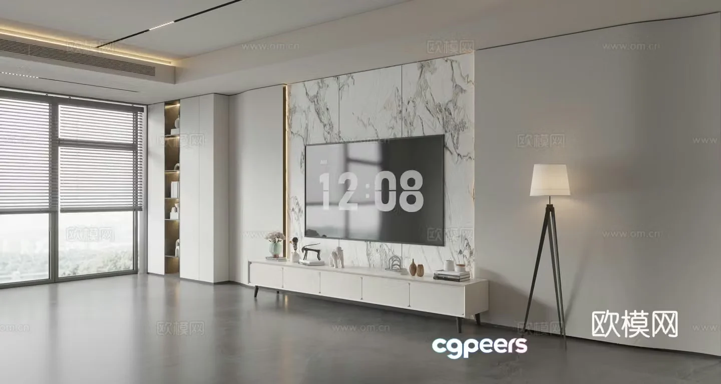 Modern Italian living room light luxury TV background wall full wall TV cabinet marble background wall 3d model