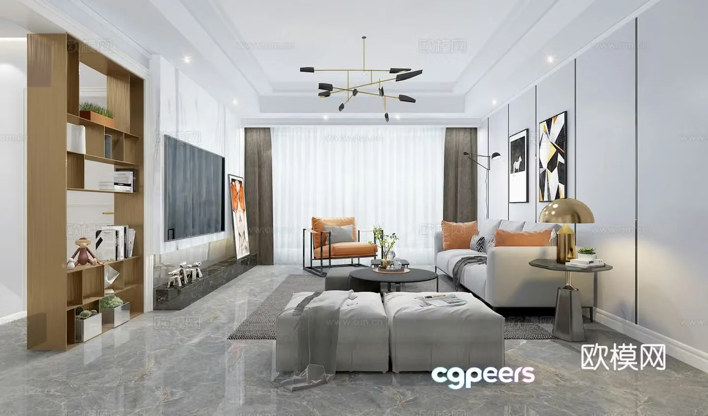 Modern light luxury living and dining room entrance 3D model