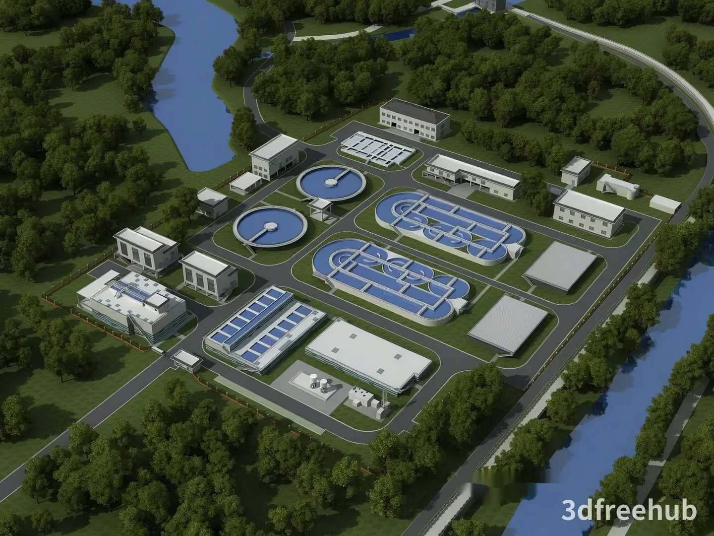 Aerial View Of A Water Treatment Plant 3D Model – 21278 – VRAY Render