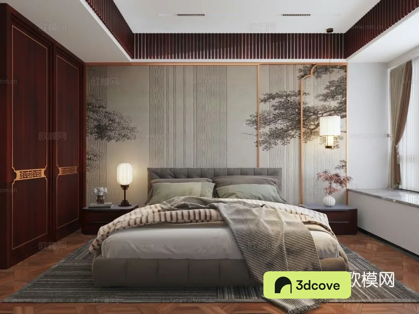 Chinese style mahogany master bedroom double bed background wall bedside table bay window
