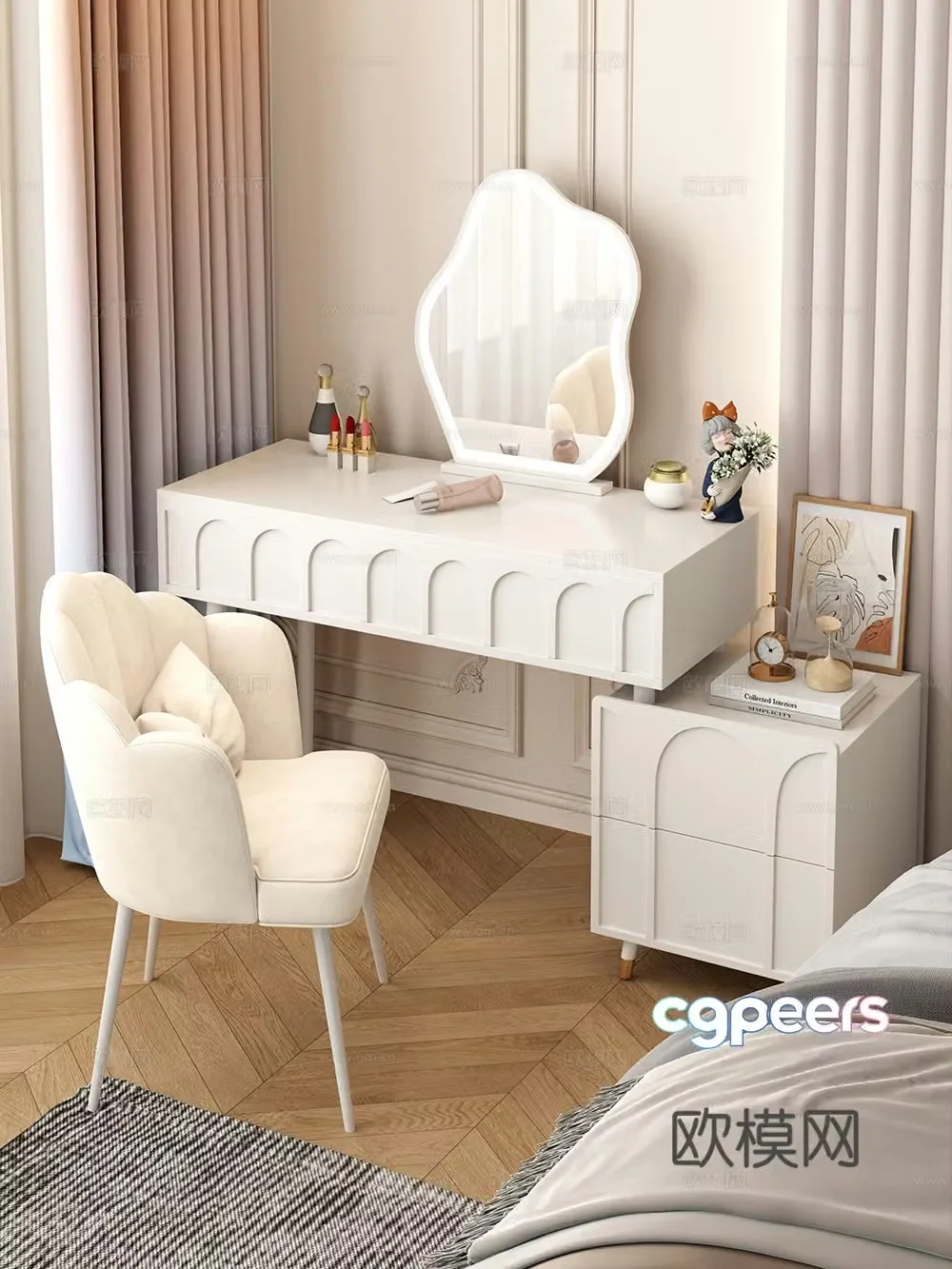Cream style dressing table makeup stool combination dressing table makeup stool mirror decoration hanging painting 3D model