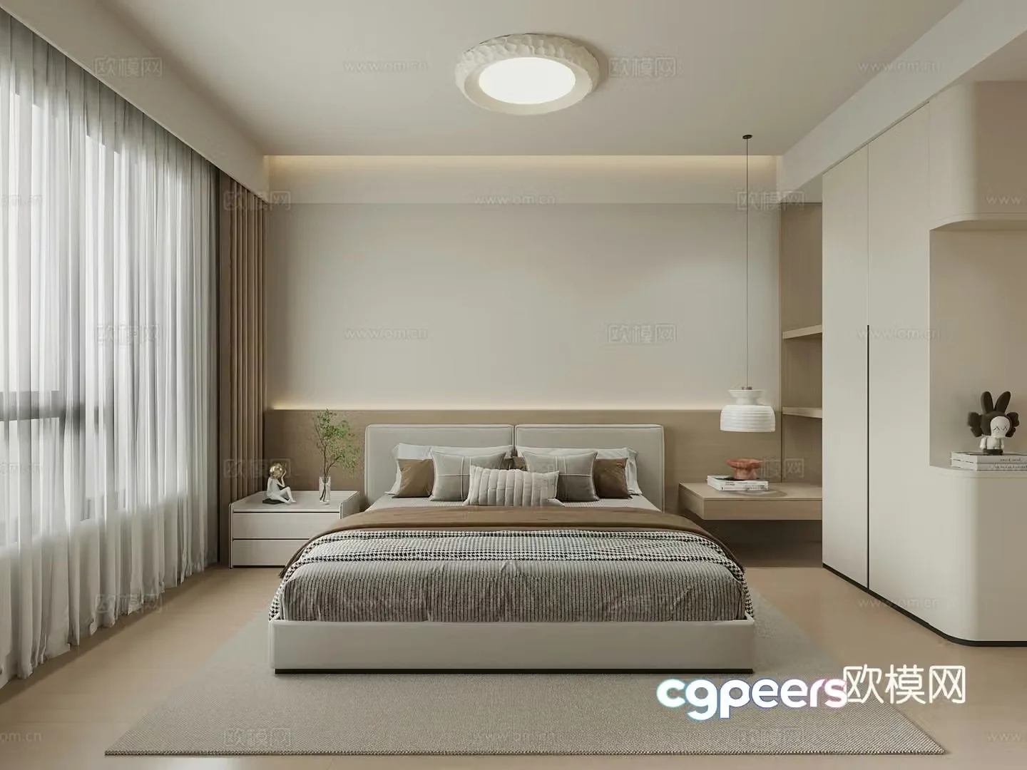 Modern home bedroom double bed wardrobe 3d model