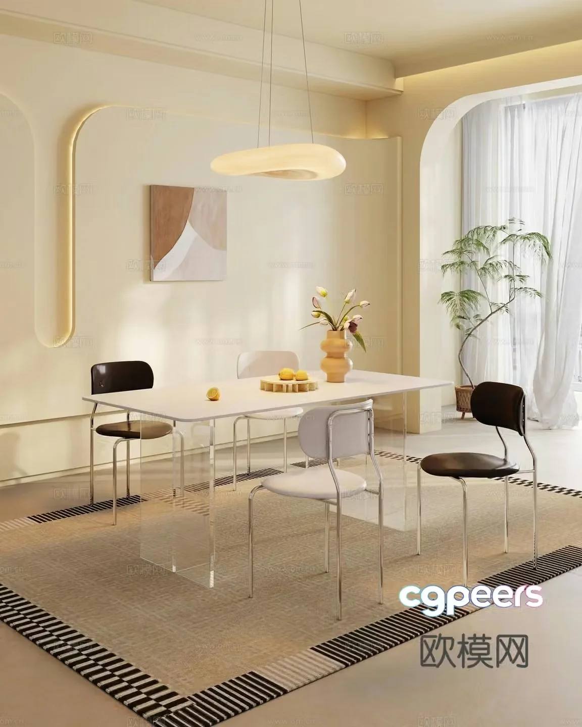 Cream minimalist home restaurant_no owner lights_open 3D model