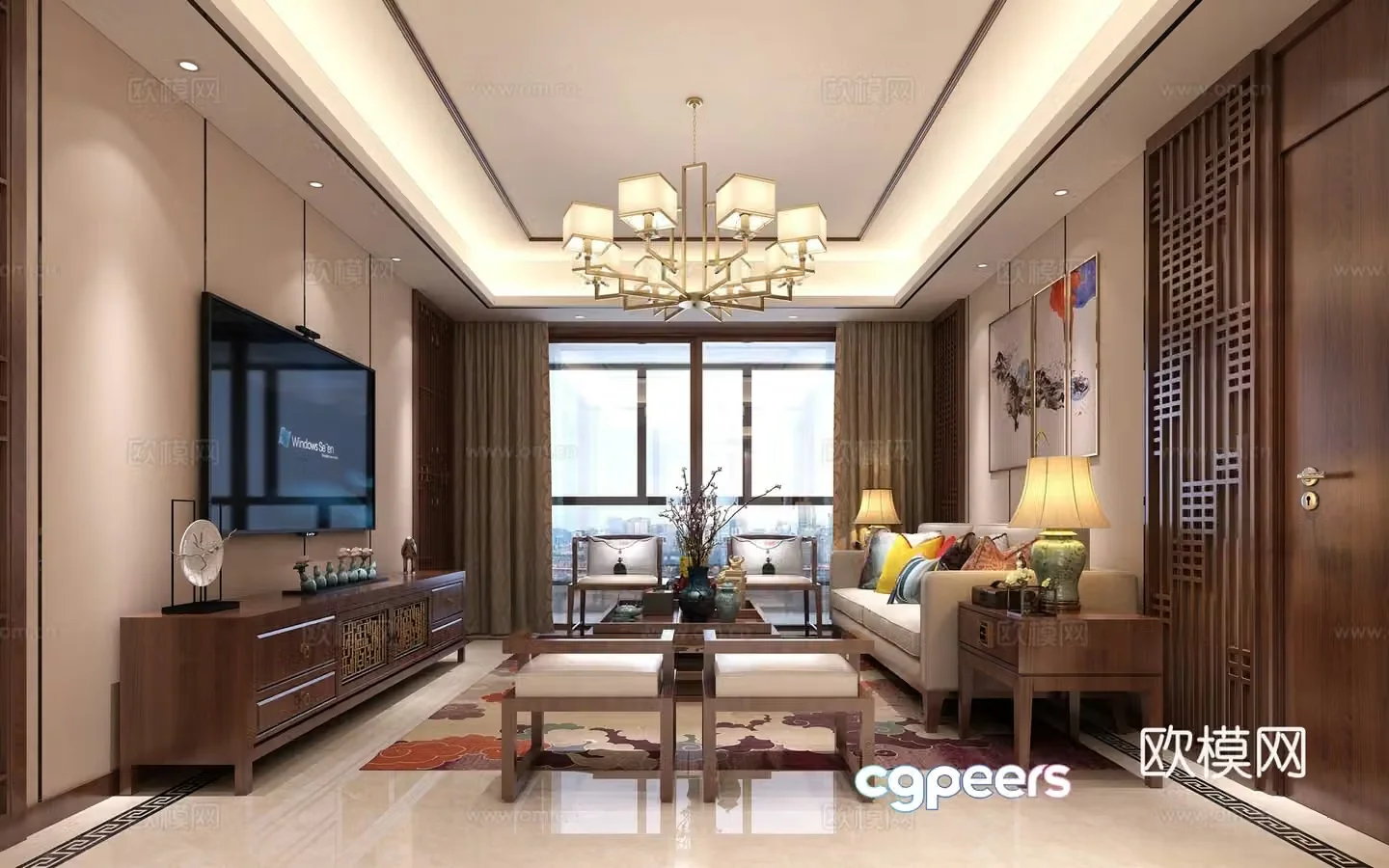 New Chinese style living and dining room double bed nightstand chandeliers paintings TV cabinet 3D model