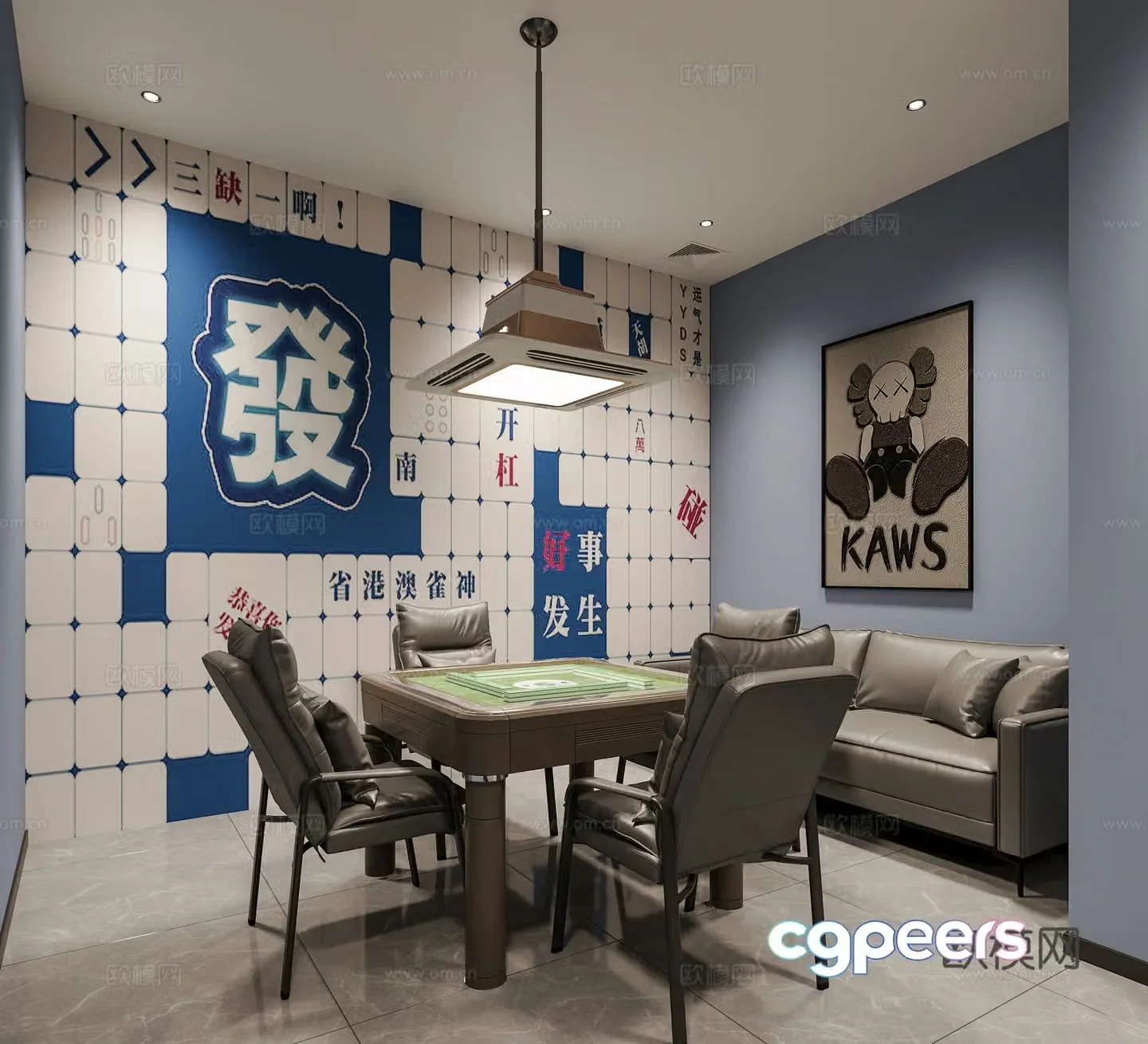 Modern chess and card room Mahjong hall Chess and card table Mahjong table Leisure sofa Chess and card room chandeliers 3D model