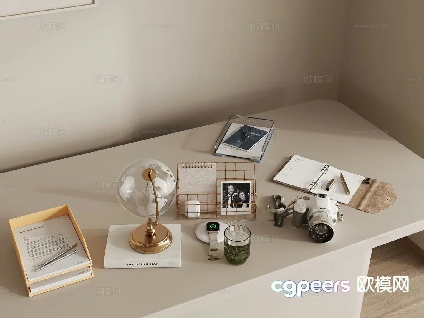 Modern office supplies folder camera globe watch 3d model