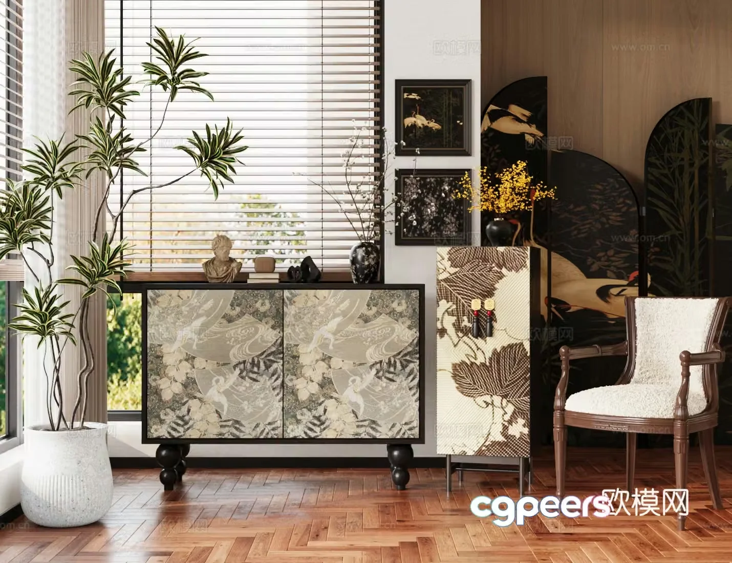 Middle-aged style chest of drawers porch cabinet retro side cabinet 3D model