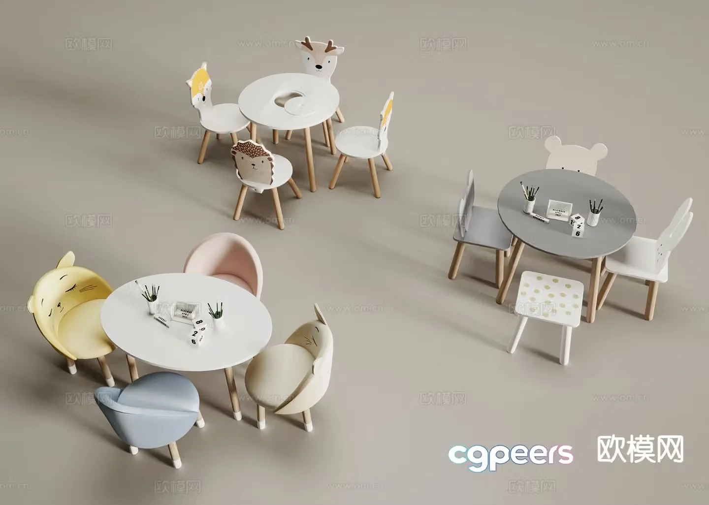 Nordic children’s table and chairs round table 3d model