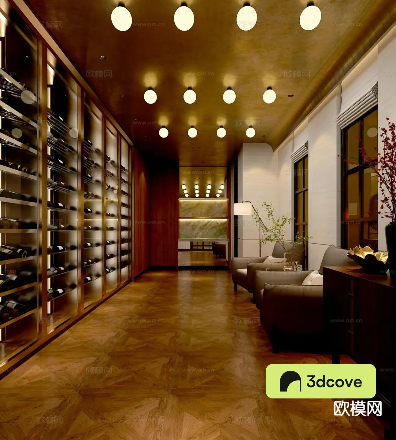 the tea room wine cellar and stairwell on the first floor of the new Chinese-style villa