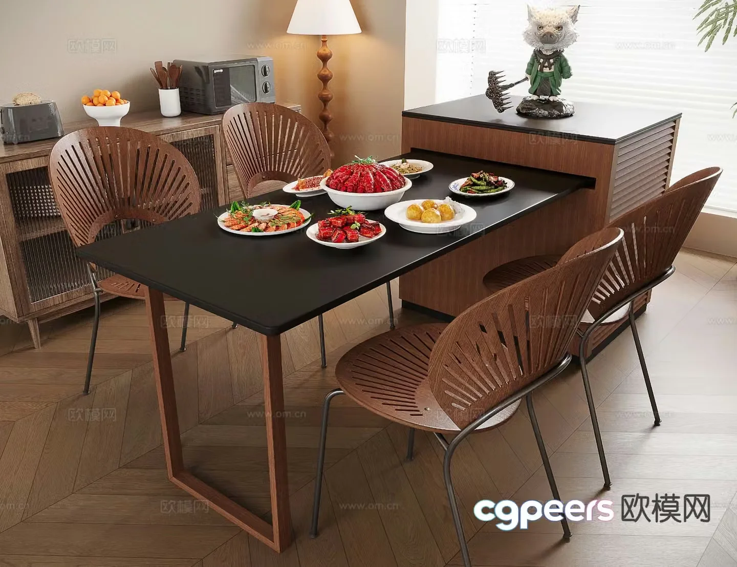 Medieval style island dining table and chairs 3D model