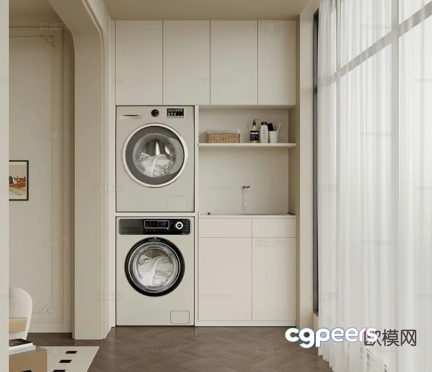 Cream style balcony cabinet washing machine cabinet 3d model