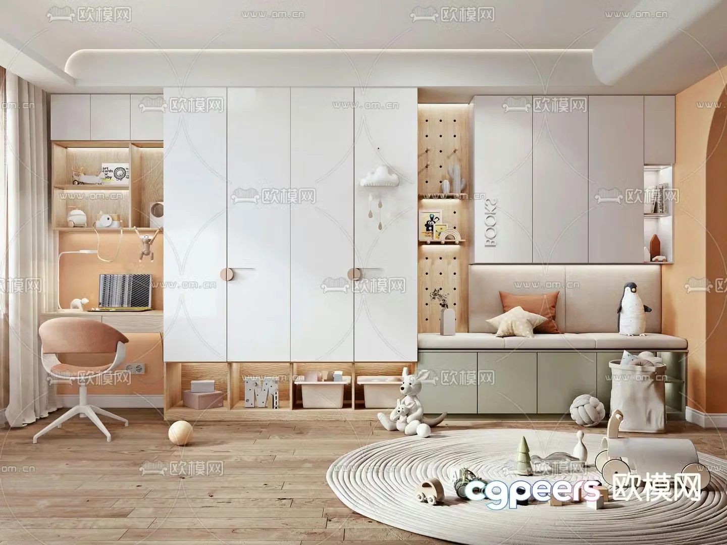 Modern children’s desk bookcase integrated 3d model