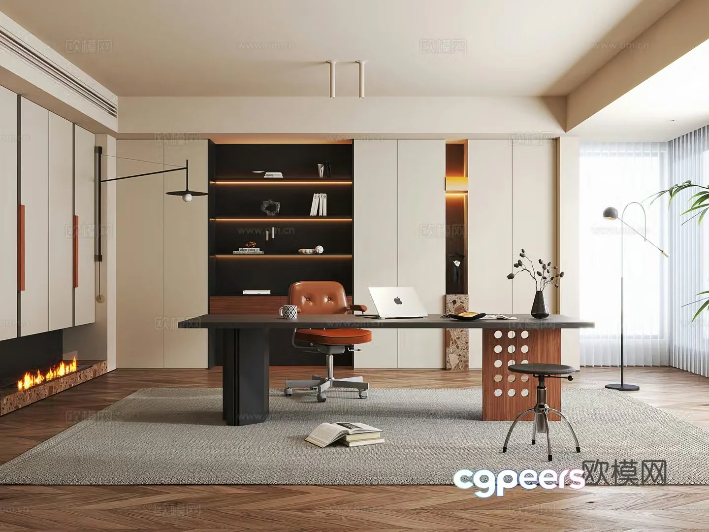 Modern medieval study room bookcase desk chair book ornament computer desk lamp potted plant 3D model
