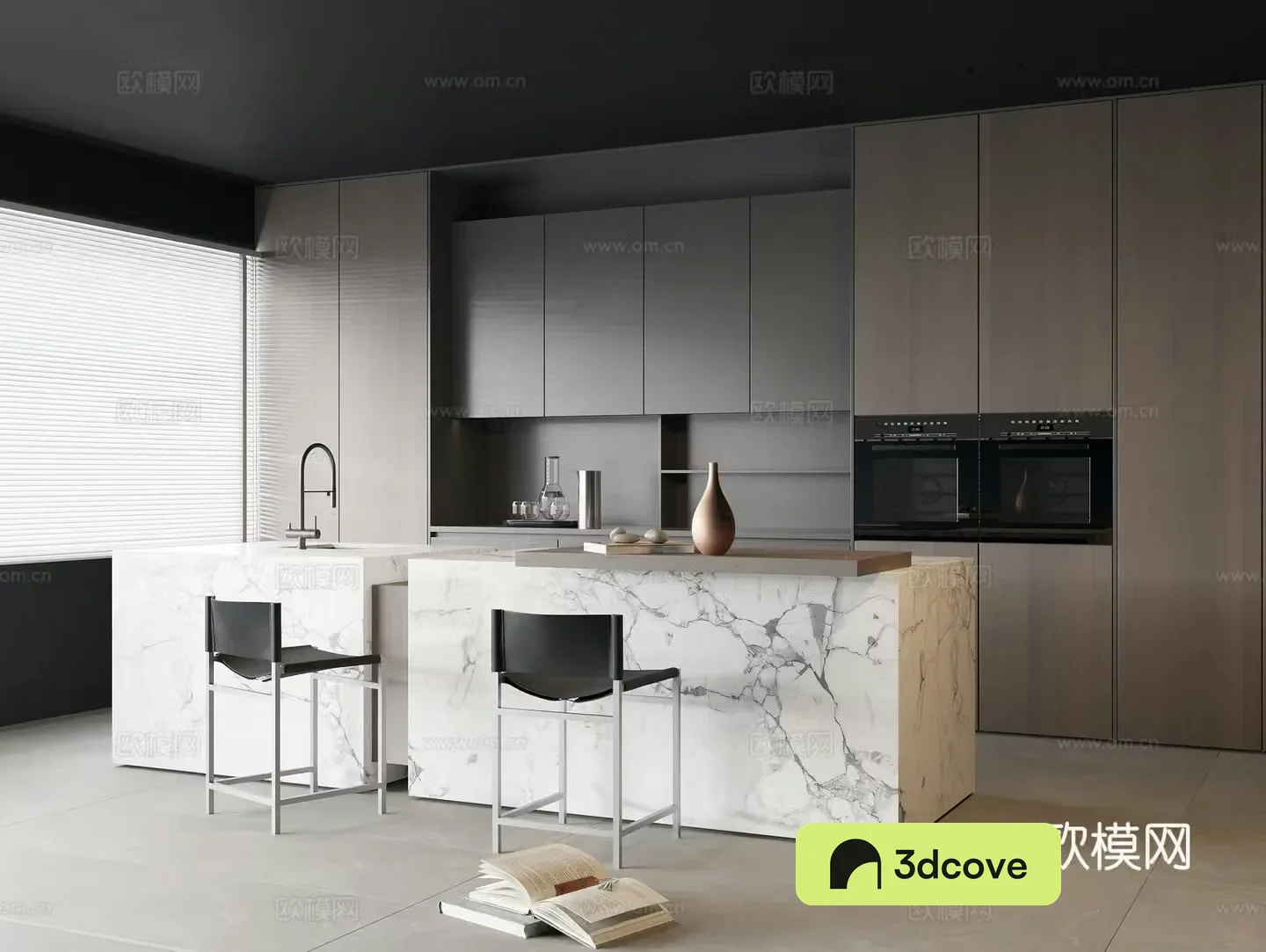 Modern open kitchen island dining table marble middle island metal dining chair solid wood sideboard