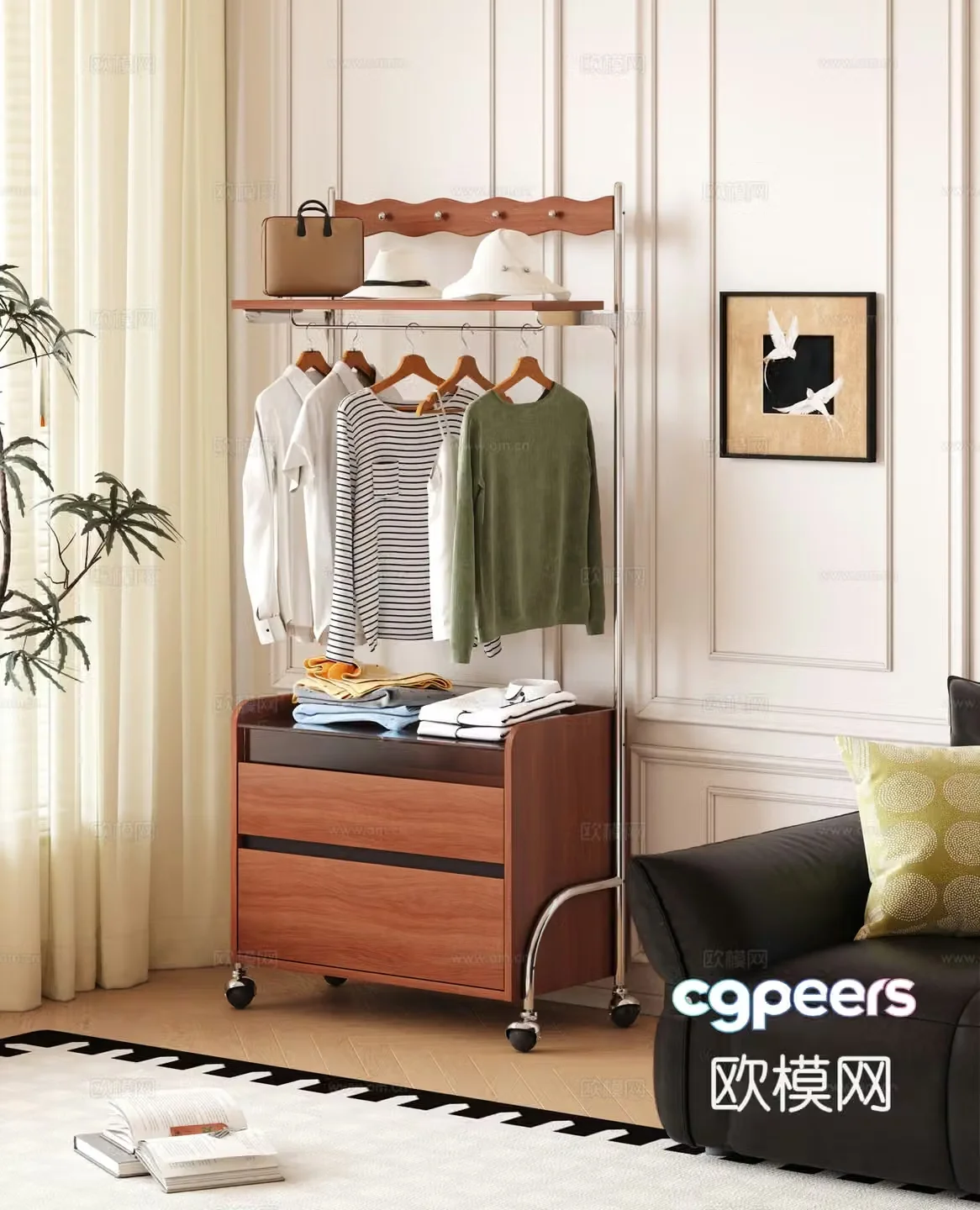 Modern medieval style floor-standing clothes hanger mobile clothes hanger 3D model